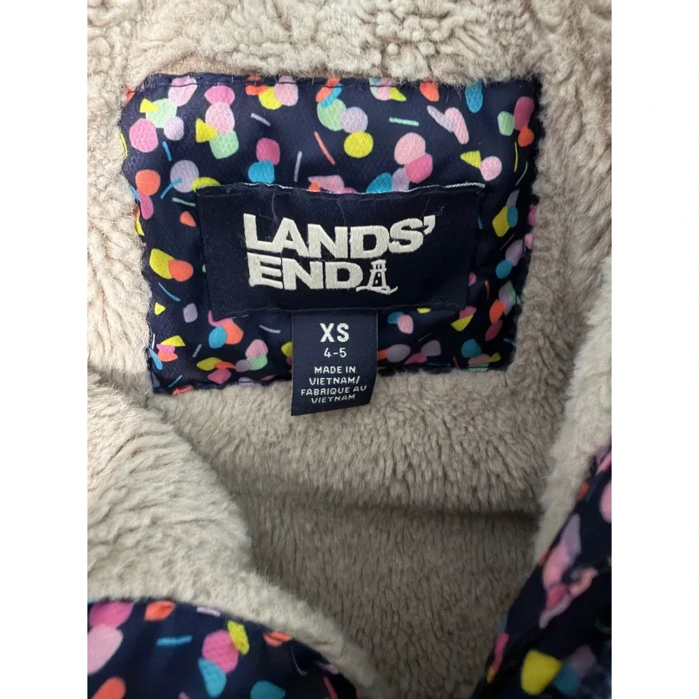 Lands End Kids XS 4-5 Primaloft Confetti Puffer Parka Faux Fur Lined Navy Blue